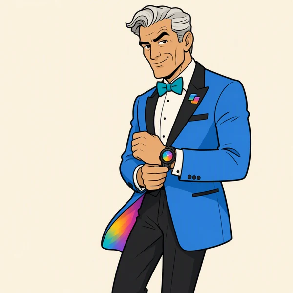A silver-haired agent in a blue dinner jacket checking his watch.