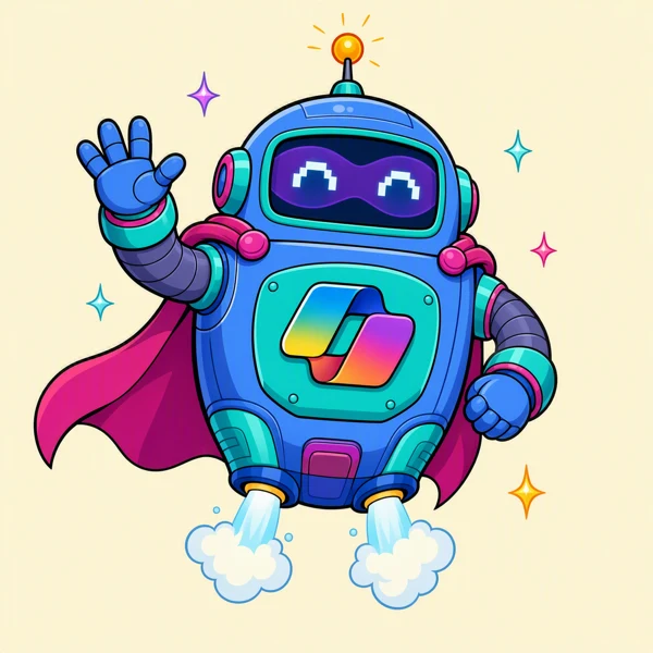 A smiling blue robot with a pink cape and rocket feet.