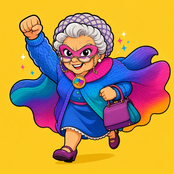 Supergran in a pink eye mask, blue outfit and rainbow cape, carrying a handbag.